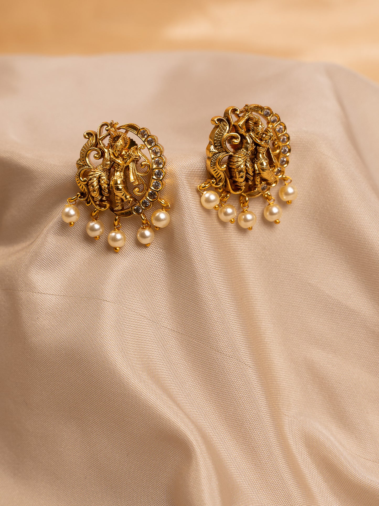 Antique Gold Radha Krishna Temple Earrings with Pearl Drops