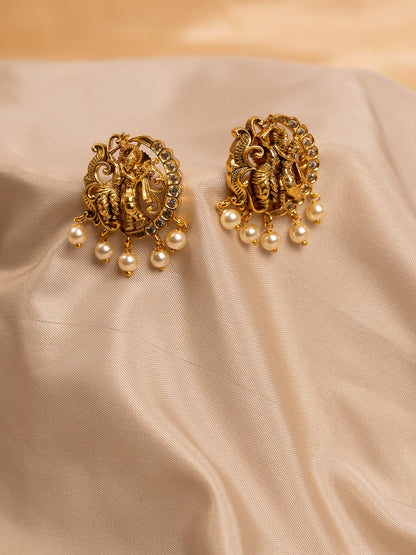 Antique Gold Radha Krishna Temple Earrings with Pearl Drops