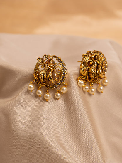 Antique Gold Radha Krishna Temple Earrings with Pearl Drops