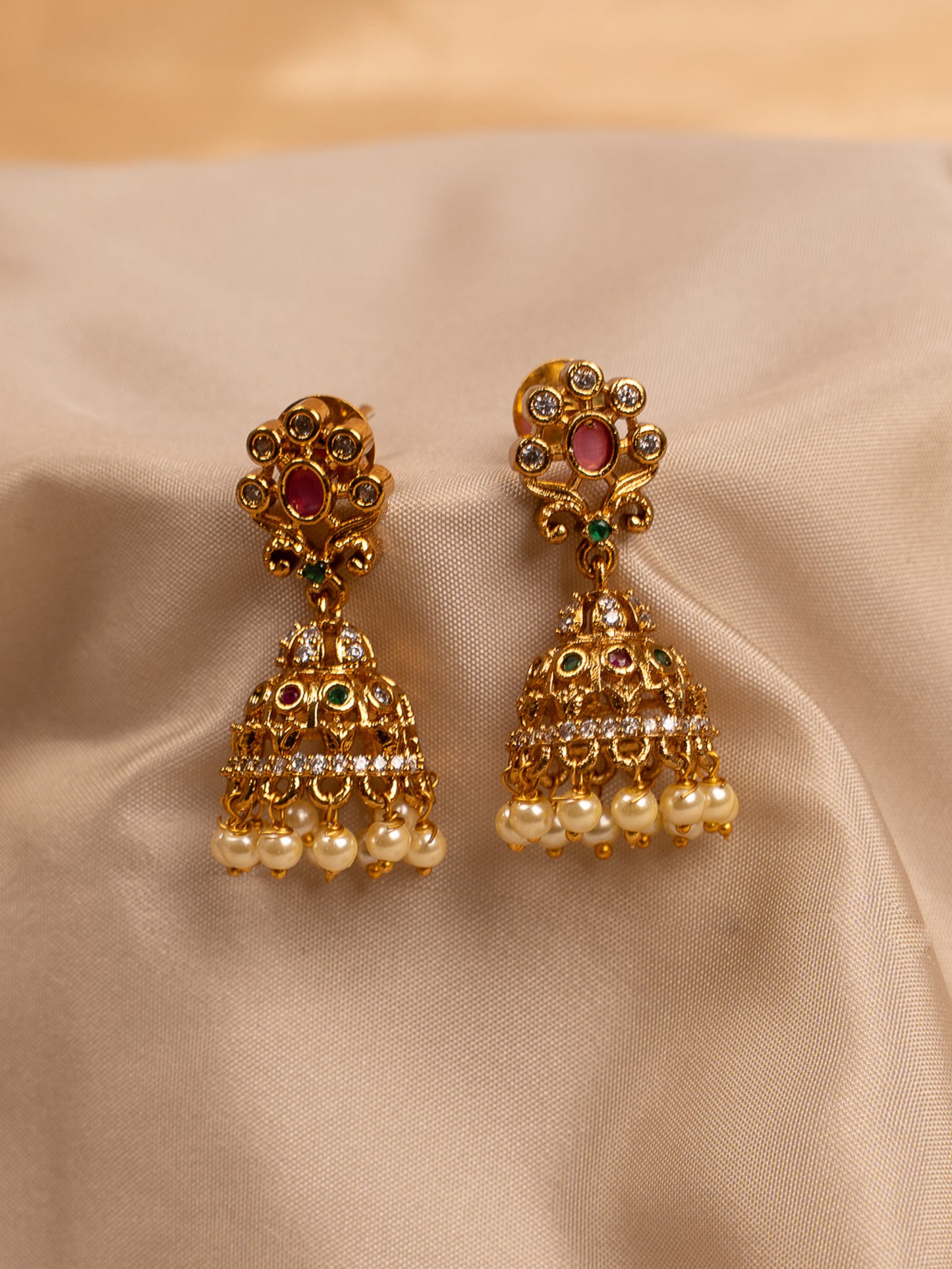 Antique Gold Plated Pearl Jhumka Earrings