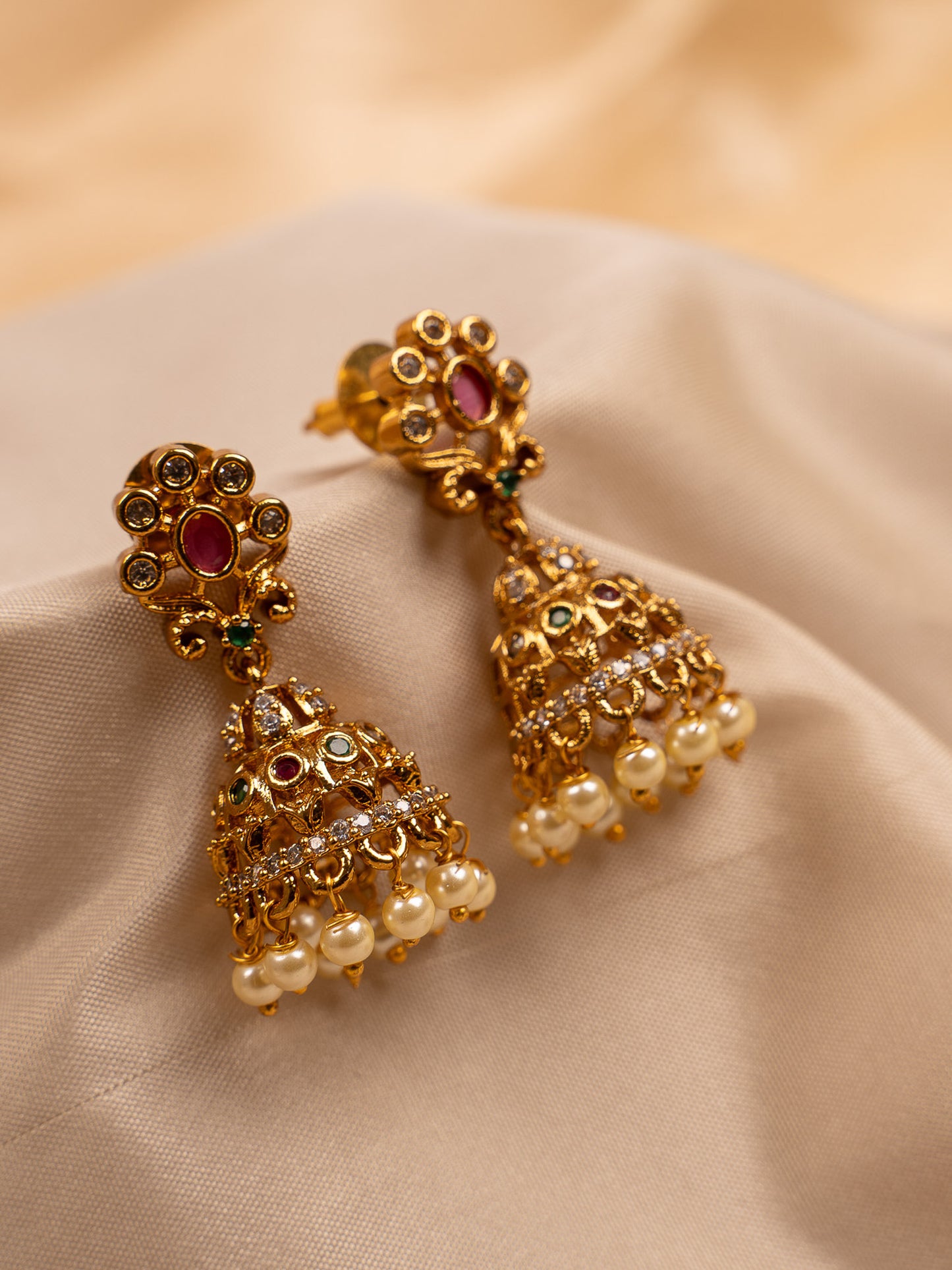Antique Gold Plated Pearl Jhumka Earrings