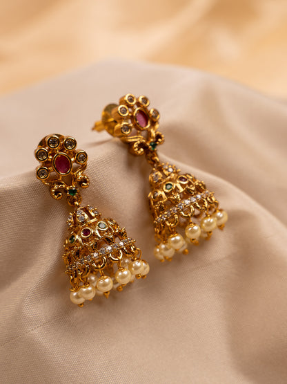 Antique Gold Plated Pearl Jhumka Earrings