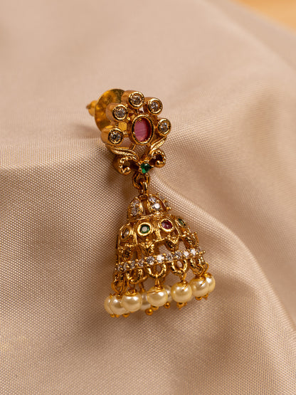 Antique Gold Plated Pearl Jhumka Earrings