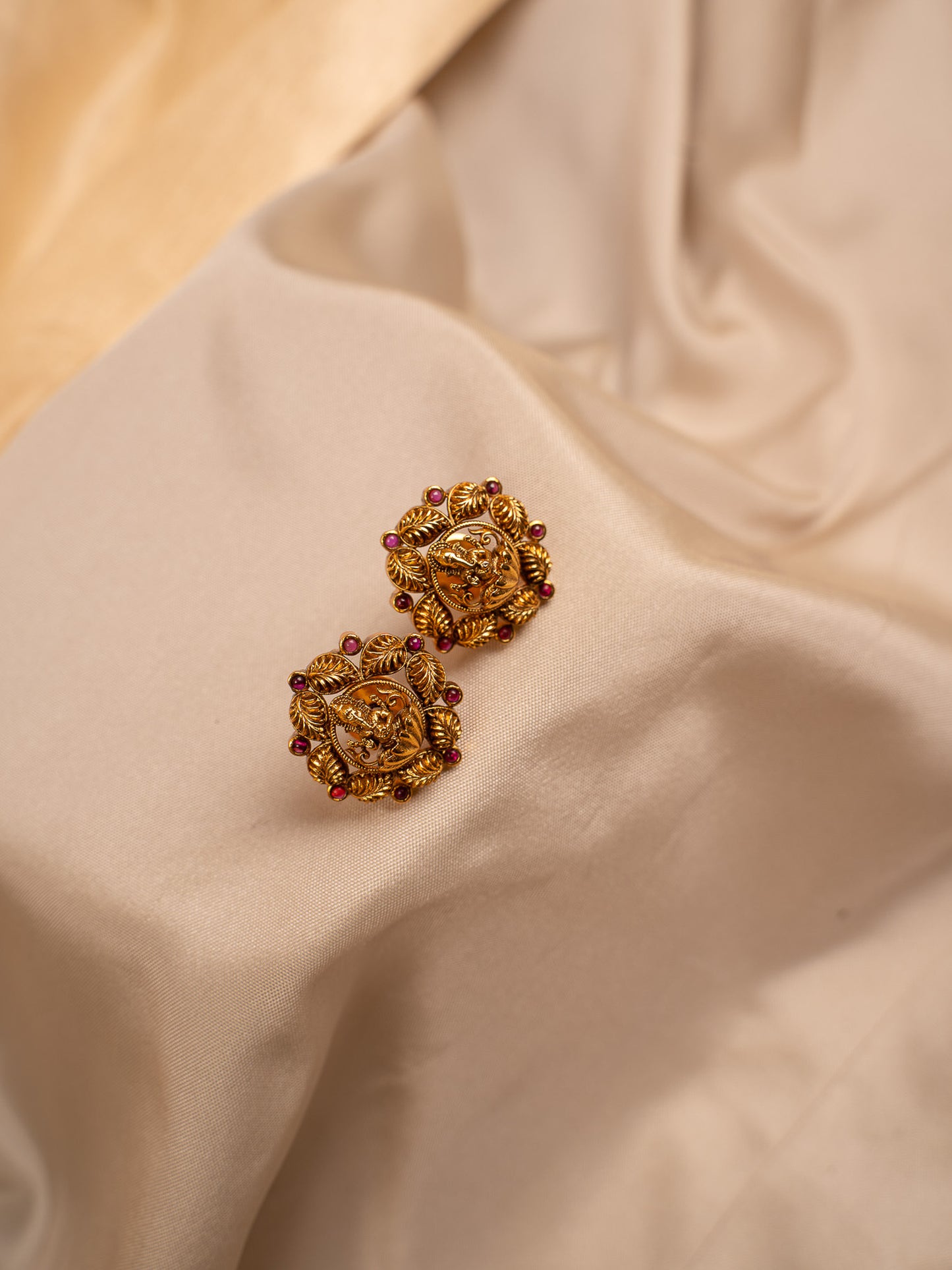 Antique Lakshmi Coin Stud Earrings with Ruby Detailing