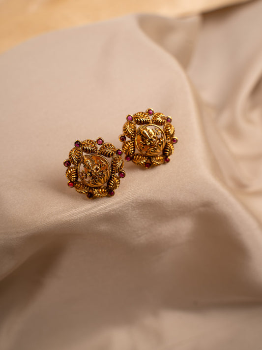 Antique Lakshmi Coin Stud Earrings with Ruby Detailing