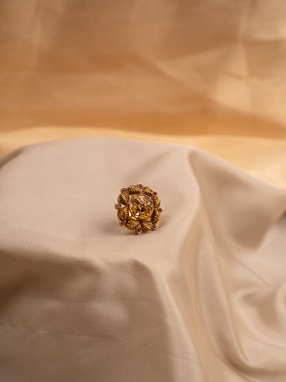 Antique Lakshmi Coin Stud Earrings with Ruby Detailing