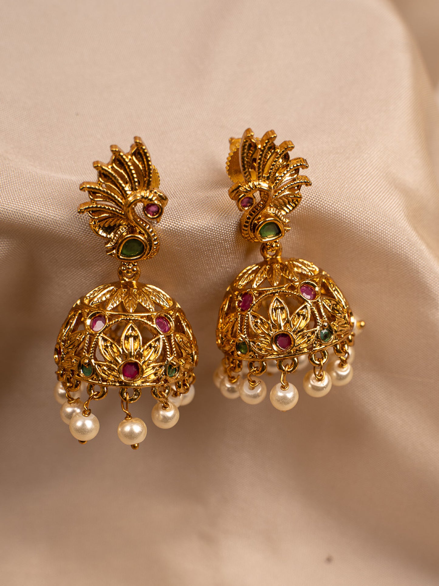 Peacock-Inspired Gold Jhumka Earrings with Pearl Drops