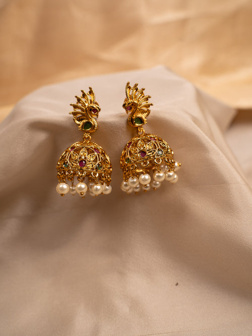 Peacock-Inspired Gold Jhumka Earrings with Pearl Drops