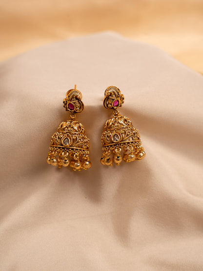 Antique Gold Jhumka Earrings with Ruby & White Stones