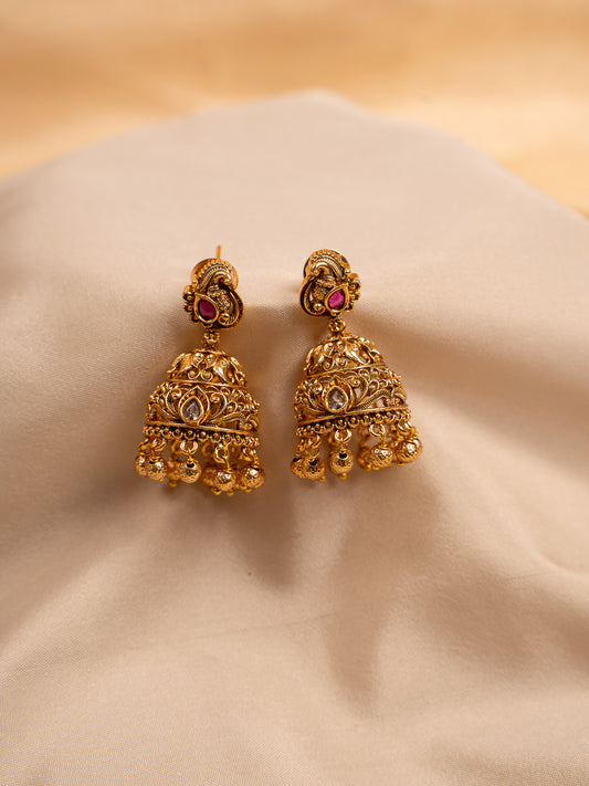 Antique Gold Jhumka Earrings with Ruby & White Stones