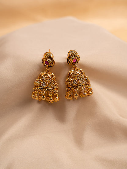 Antique Gold Jhumka Earrings with Ruby & White Stones