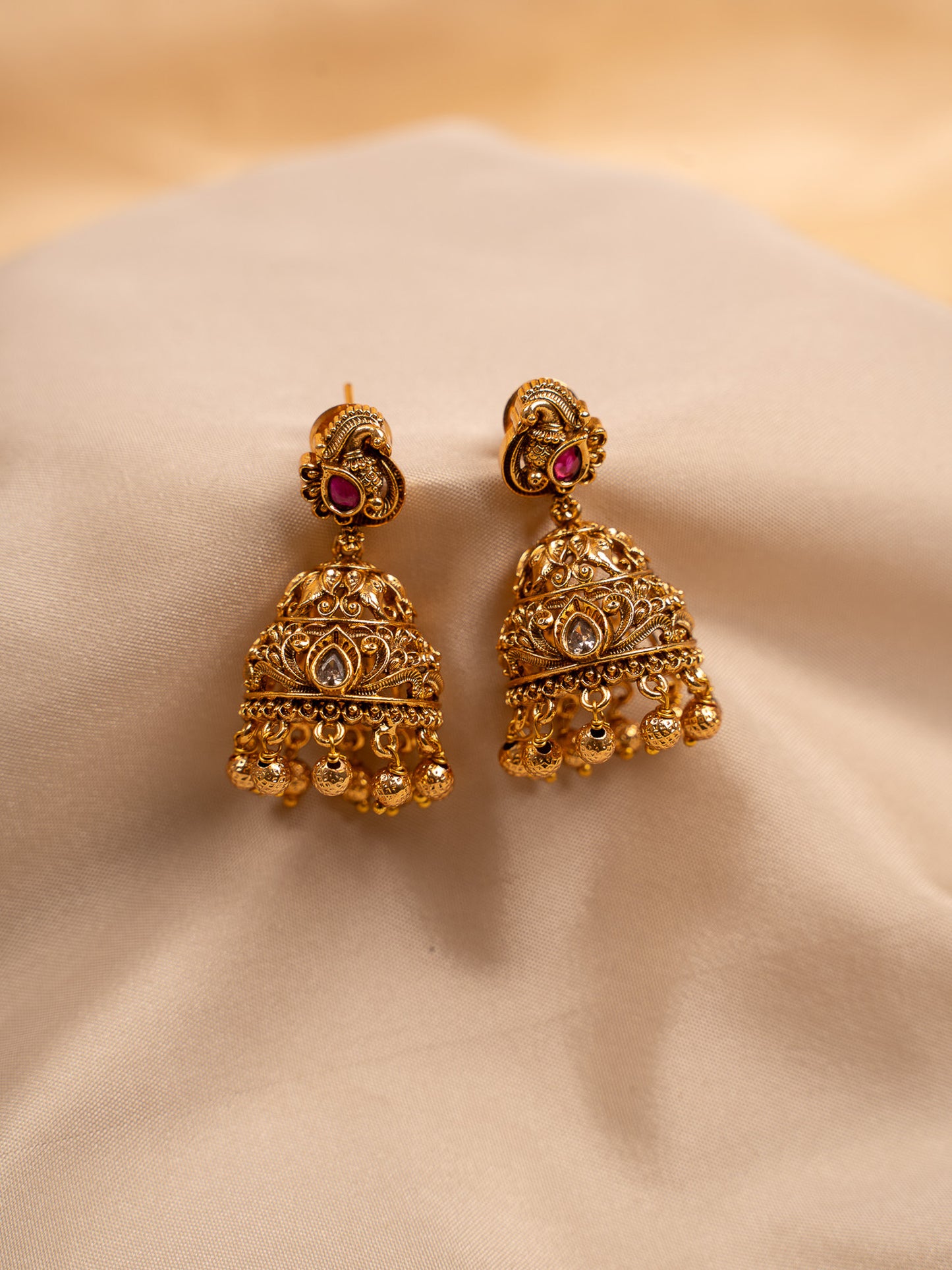 Antique Gold Jhumka Earrings with Ruby & White Stones