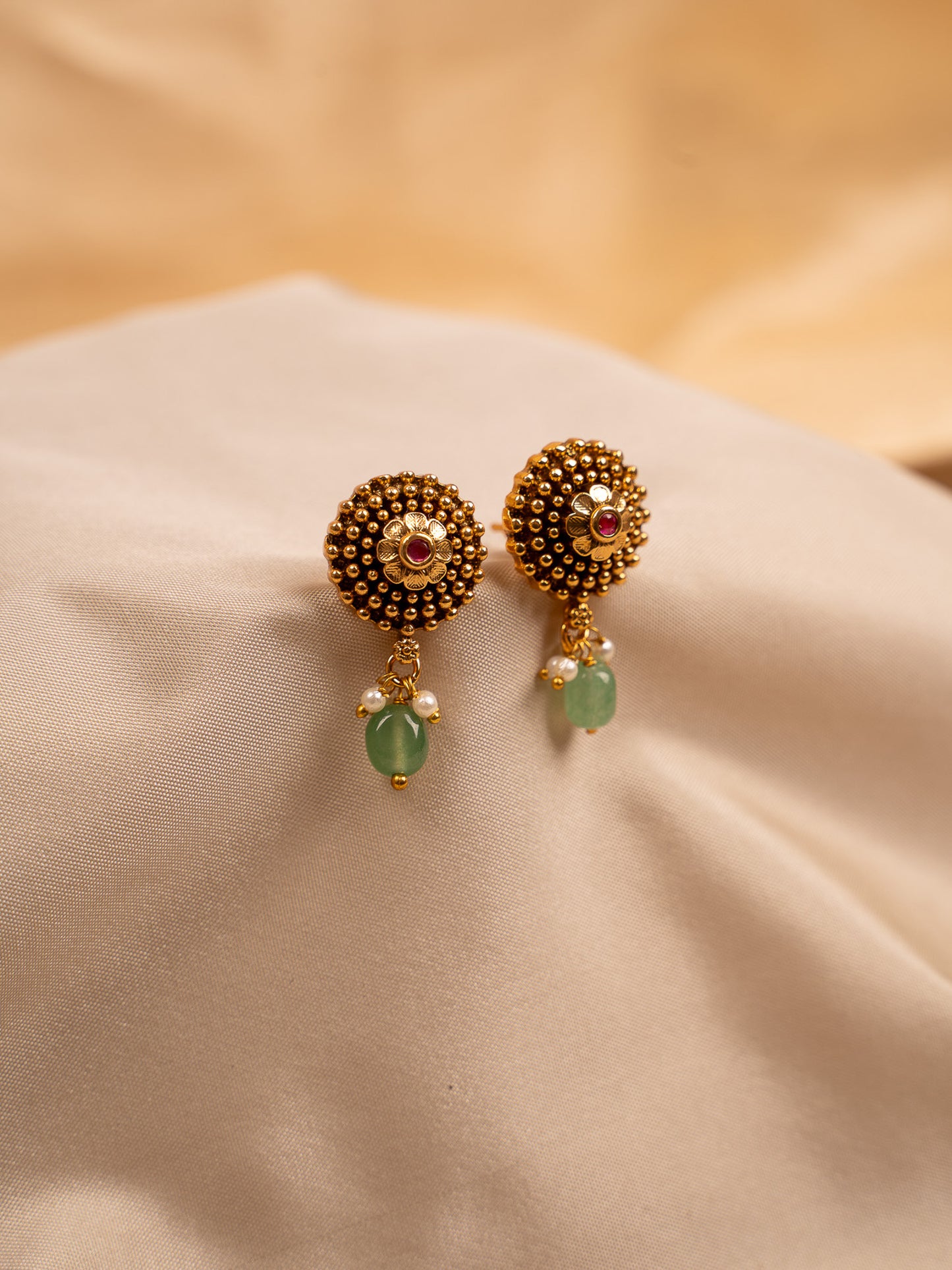 Antique Gold Stud Earrings with Green Beads & Pearl Drops