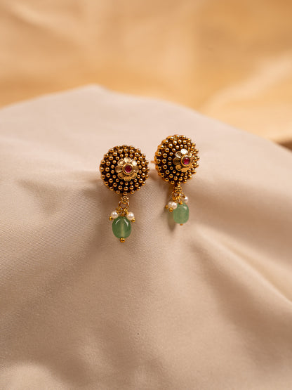 Antique Gold Stud Earrings with Green Beads & Pearl Drops