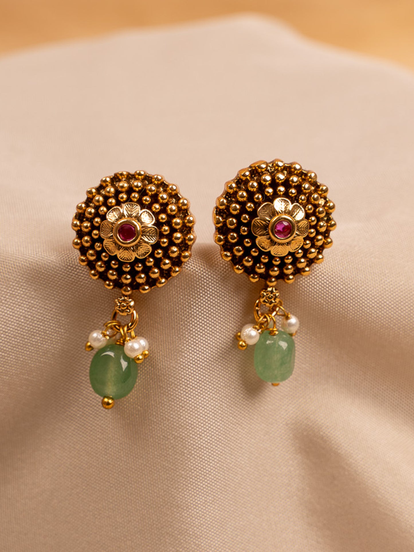 Antique Gold Stud Earrings with Green Beads & Pearl Drops