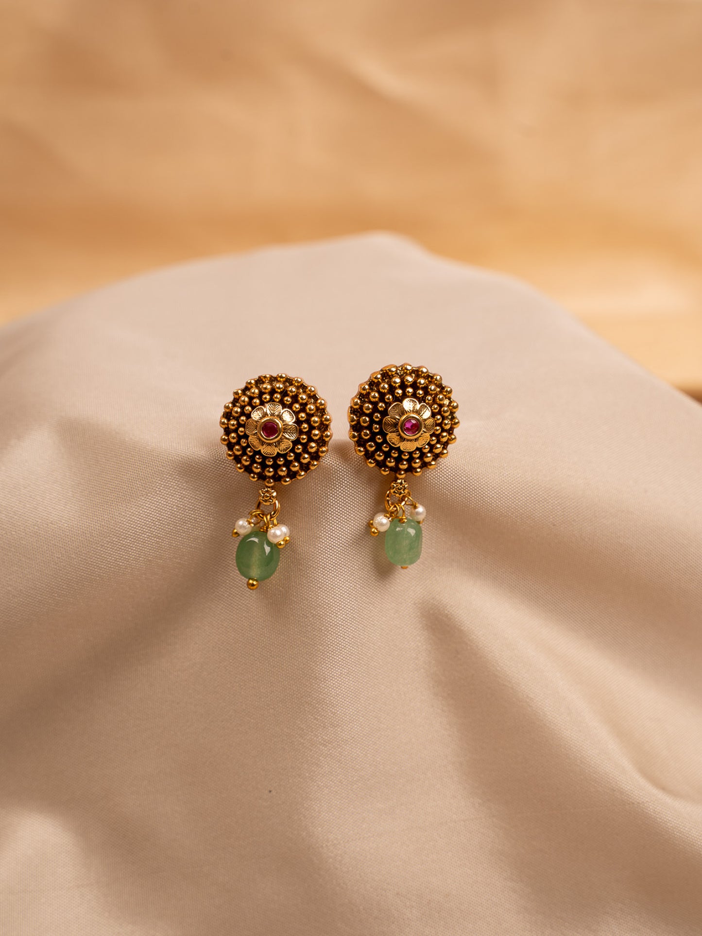 Antique Gold Stud Earrings with Green Beads & Pearl Drops