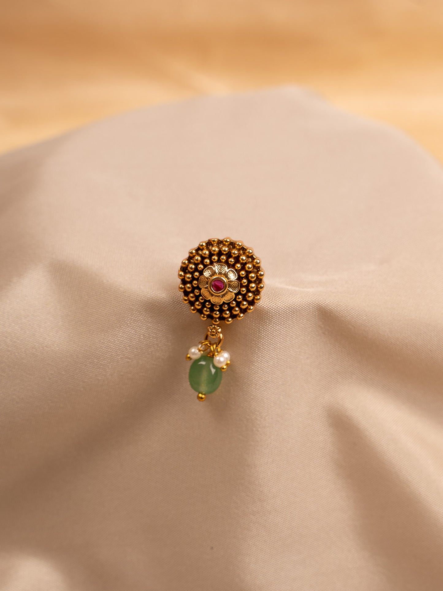 Antique Gold Stud Earrings with Green Beads & Pearl Drops