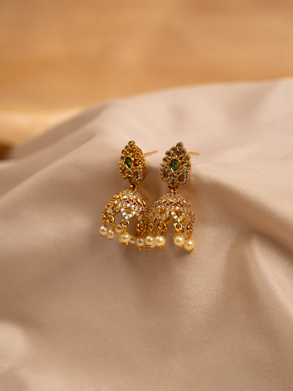 Classic Gold Jhumka Earrings with Pearl Drops & CZ Stones