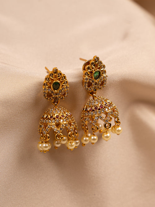 Classic Gold Jhumka Earrings with Pearl Drops & CZ Stones
