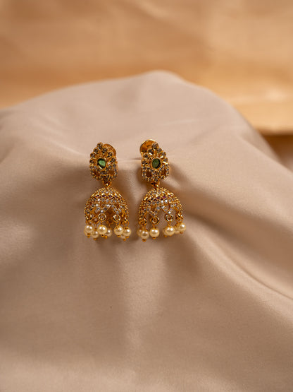 Classic Gold Jhumka Earrings with Pearl Drops & CZ Stones