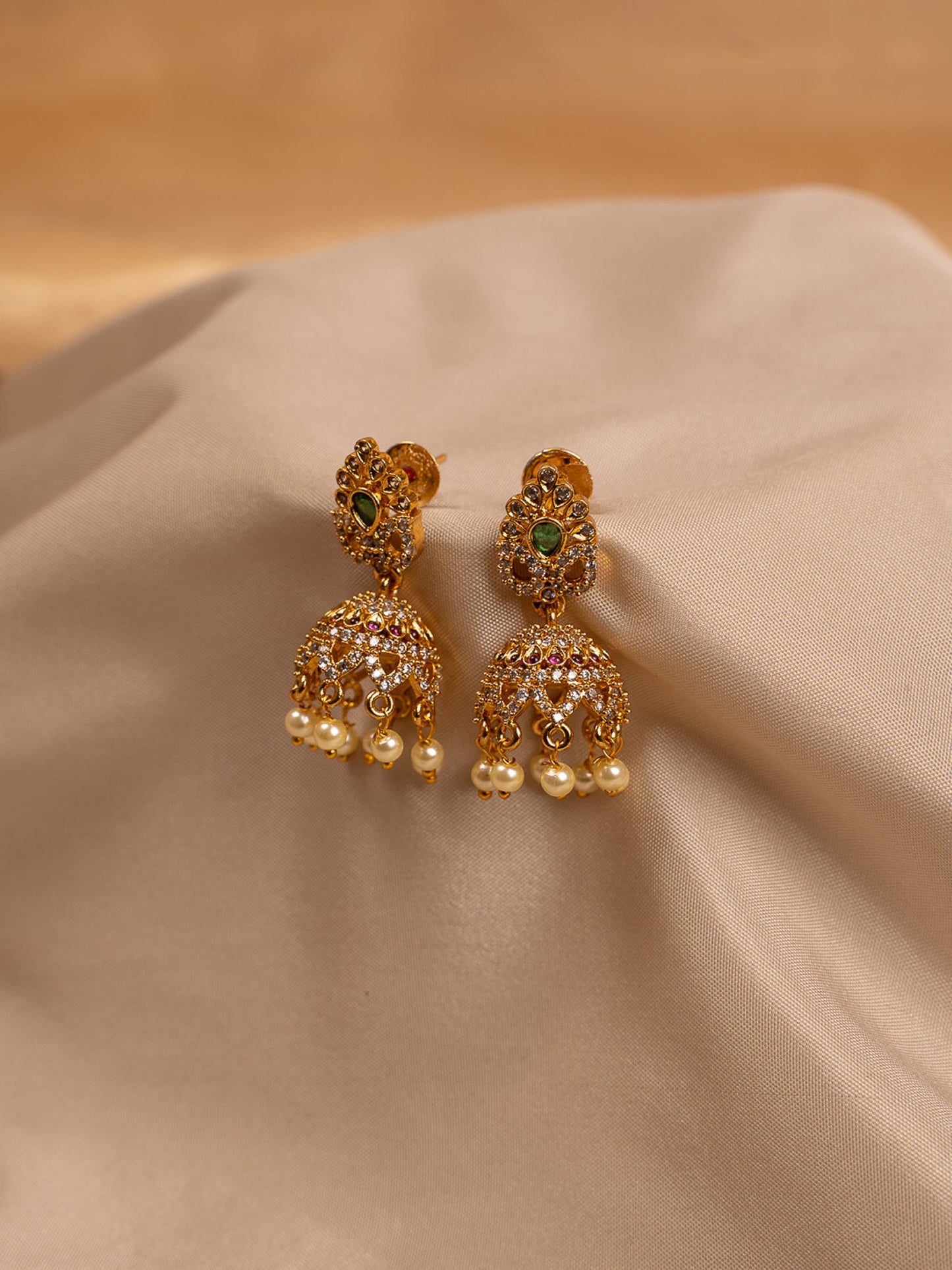 Classic Gold Jhumka Earrings with Pearl Drops & CZ Stones