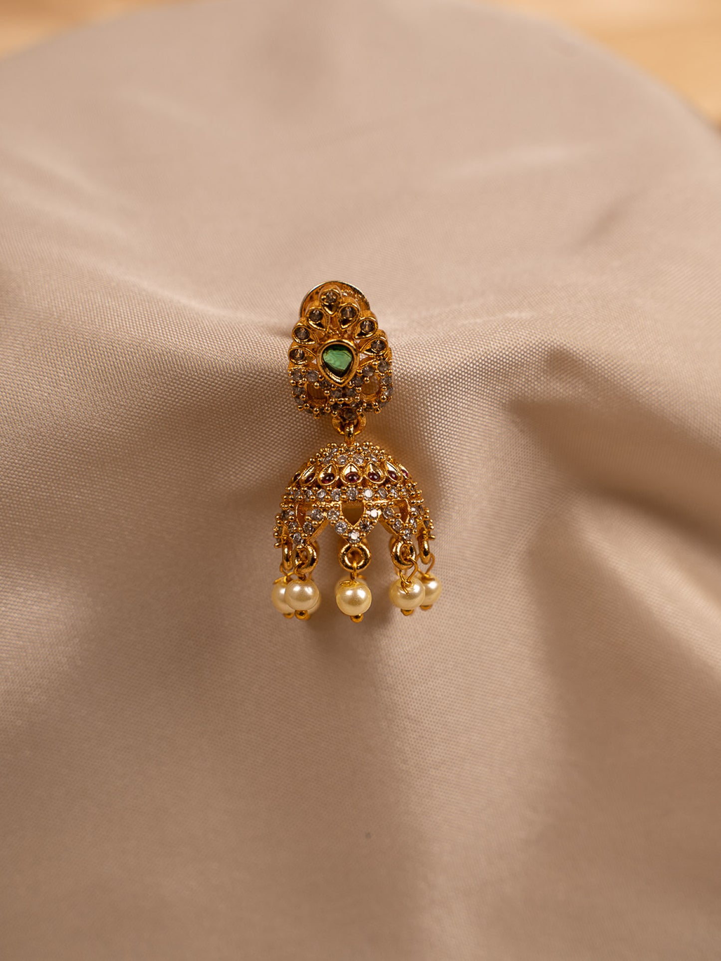 Classic Gold Jhumka Earrings with Pearl Drops & CZ Stones