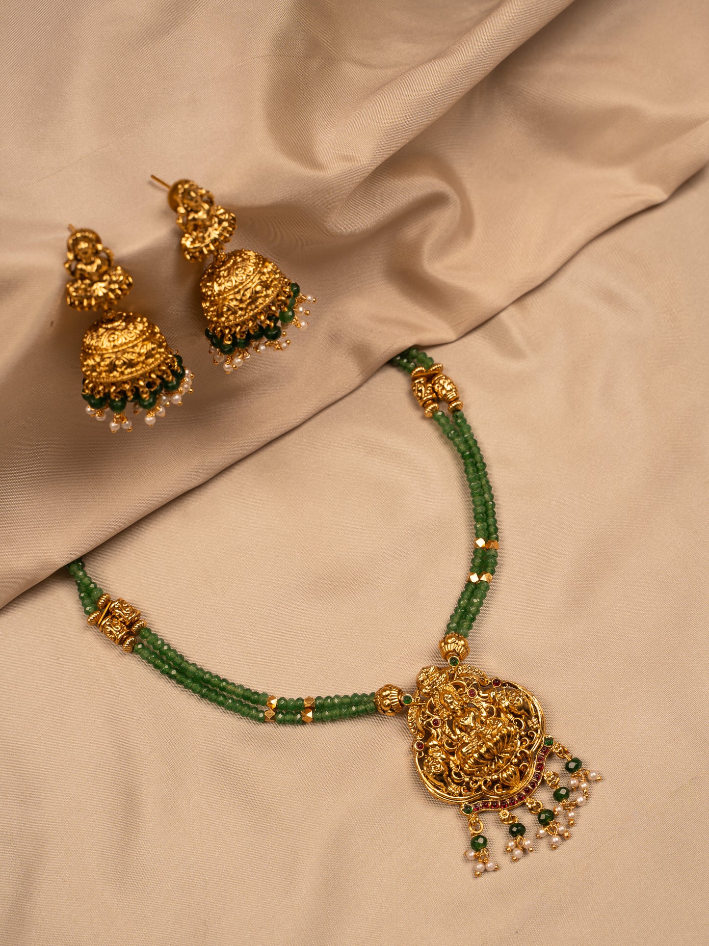 Goddess Lakshmi Antique Necklace Set with Green Beads & Jhumka Earrings
