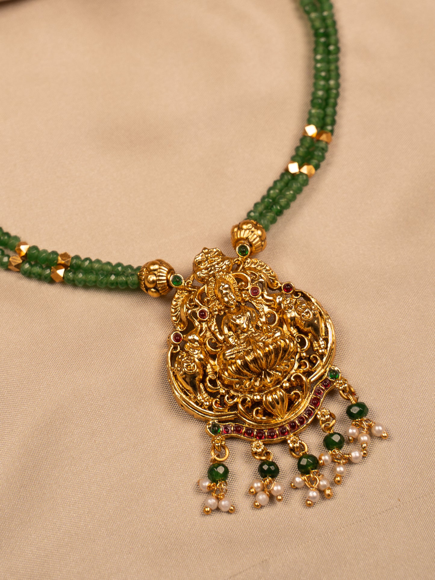 Goddess Lakshmi Antique Necklace Set with Green Beads & Jhumka Earrings
