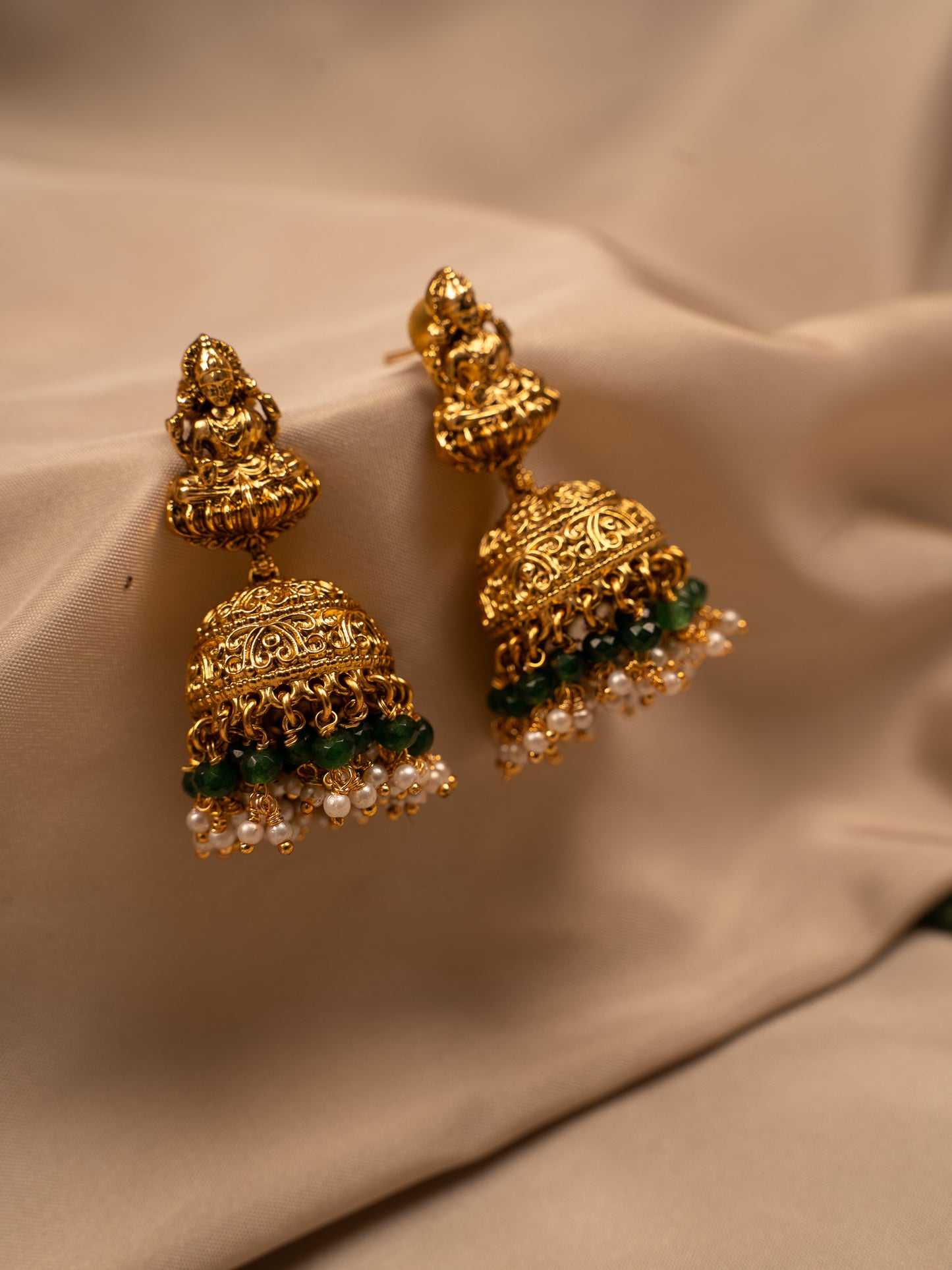 Goddess Lakshmi Antique Necklace Set with Green Beads & Jhumka Earrings
