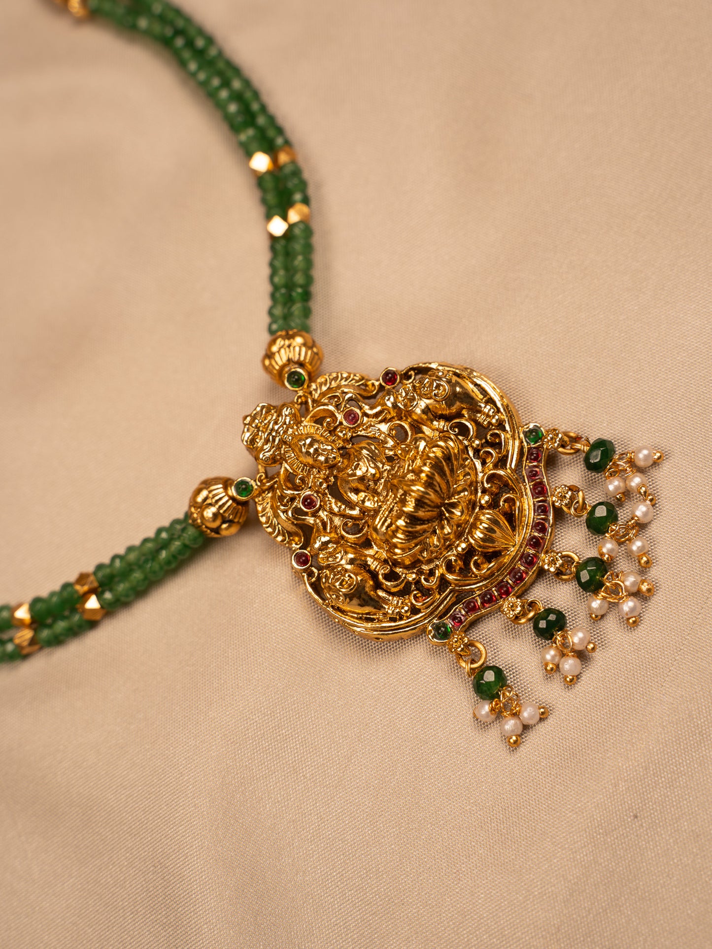 Goddess Lakshmi Antique Necklace Set with Green Beads & Jhumka Earrings