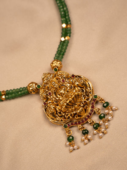 Goddess Lakshmi Antique Necklace Set with Green Beads & Jhumka Earrings