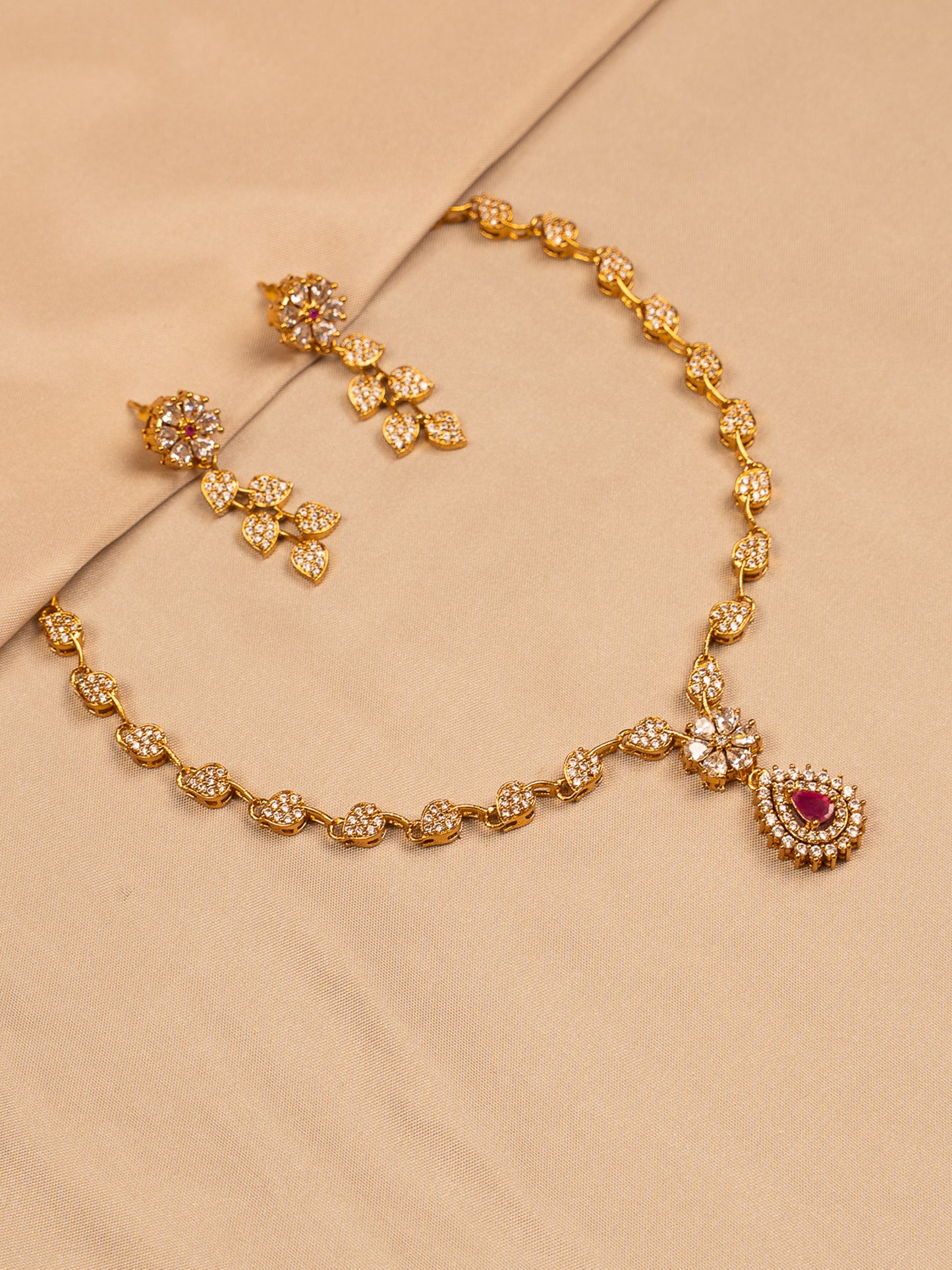 Floral Gold Necklace Set with Ruby Teardrop Pendant