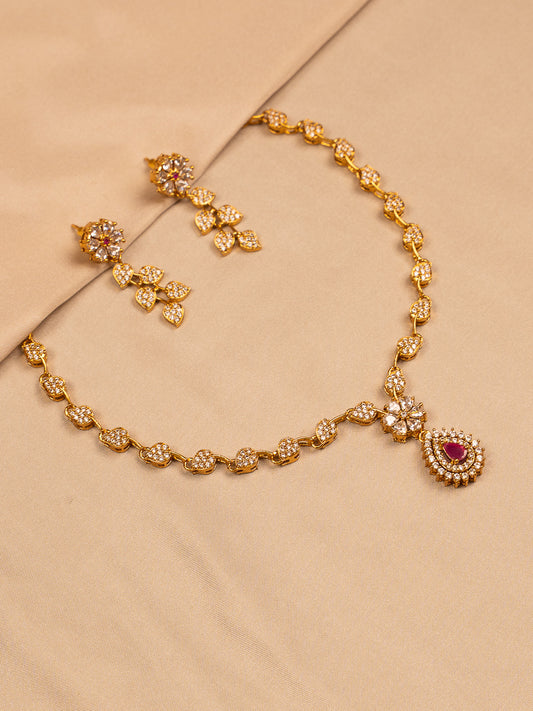 Floral Gold Necklace Set with Ruby Teardrop Pendant
