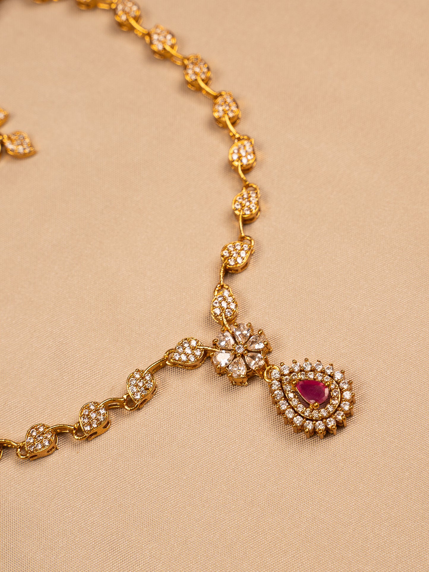 Floral Gold Necklace Set with Ruby Teardrop Pendant
