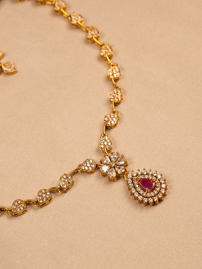 Floral Gold Necklace Set with Ruby Teardrop Pendant