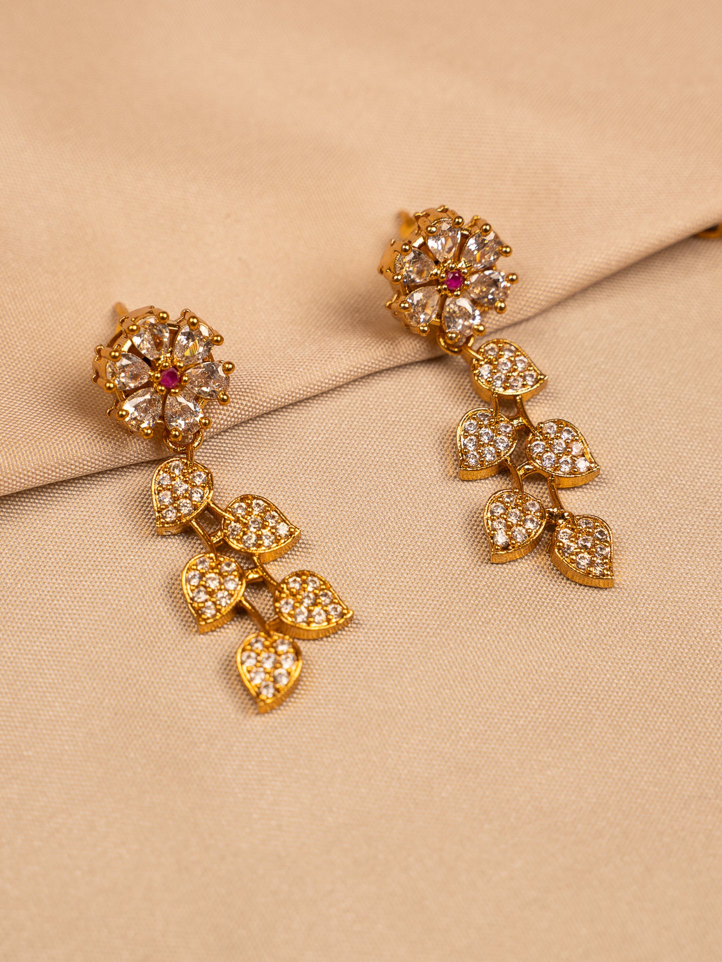 Floral Gold Necklace Set with Ruby Teardrop Pendant