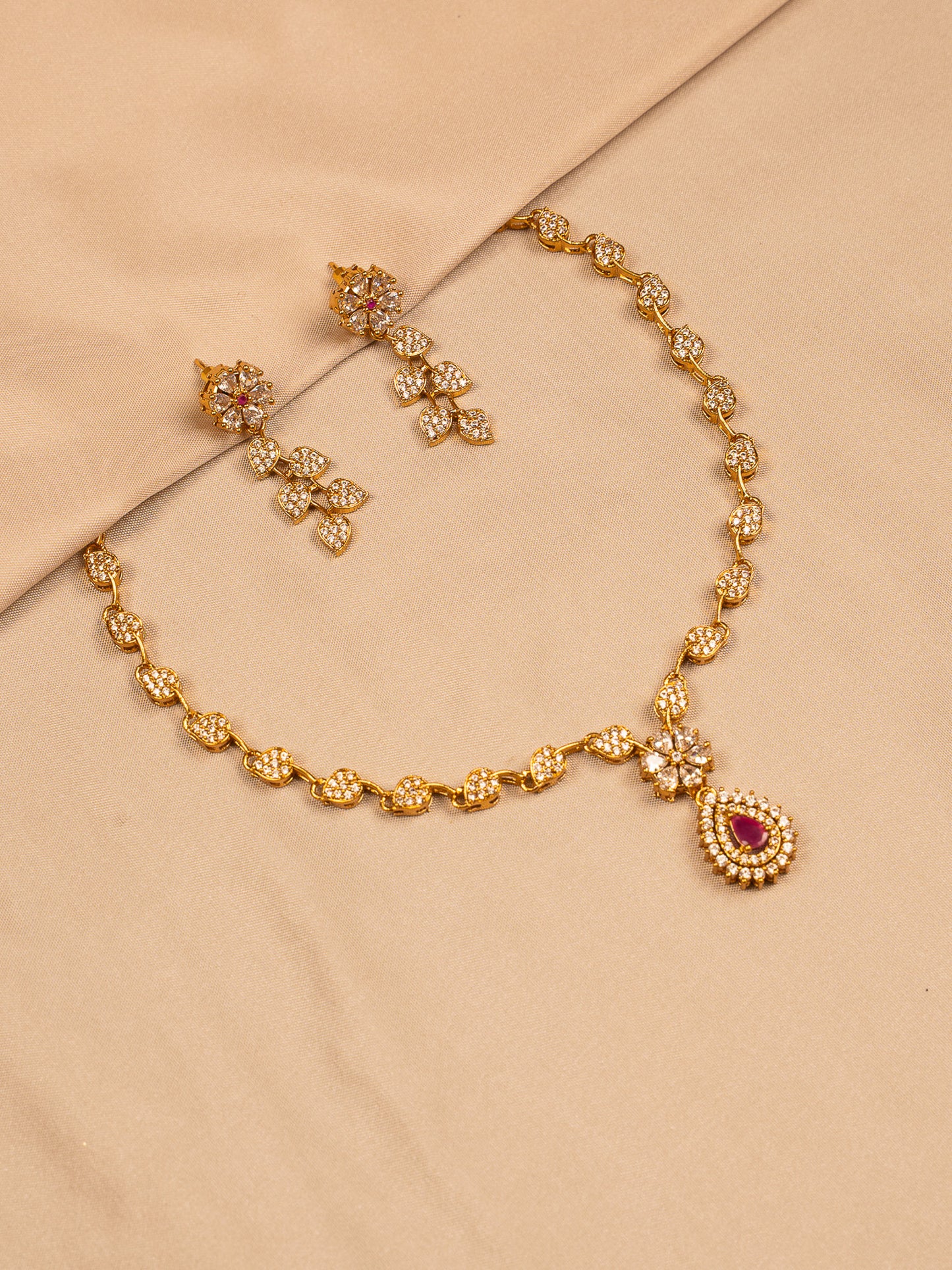 Floral Gold Necklace Set with Ruby Teardrop Pendant
