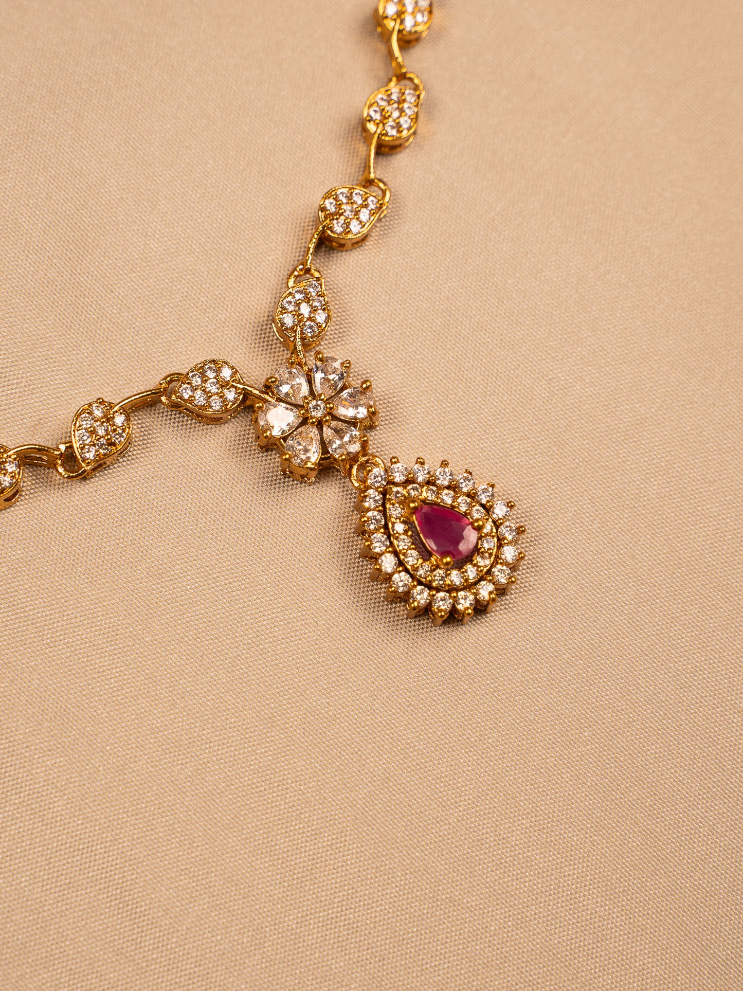 Floral Gold Necklace Set with Ruby Teardrop Pendant