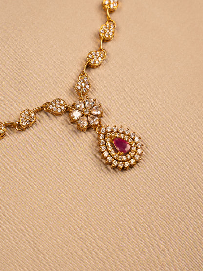 Floral Gold Necklace Set with Ruby Teardrop Pendant