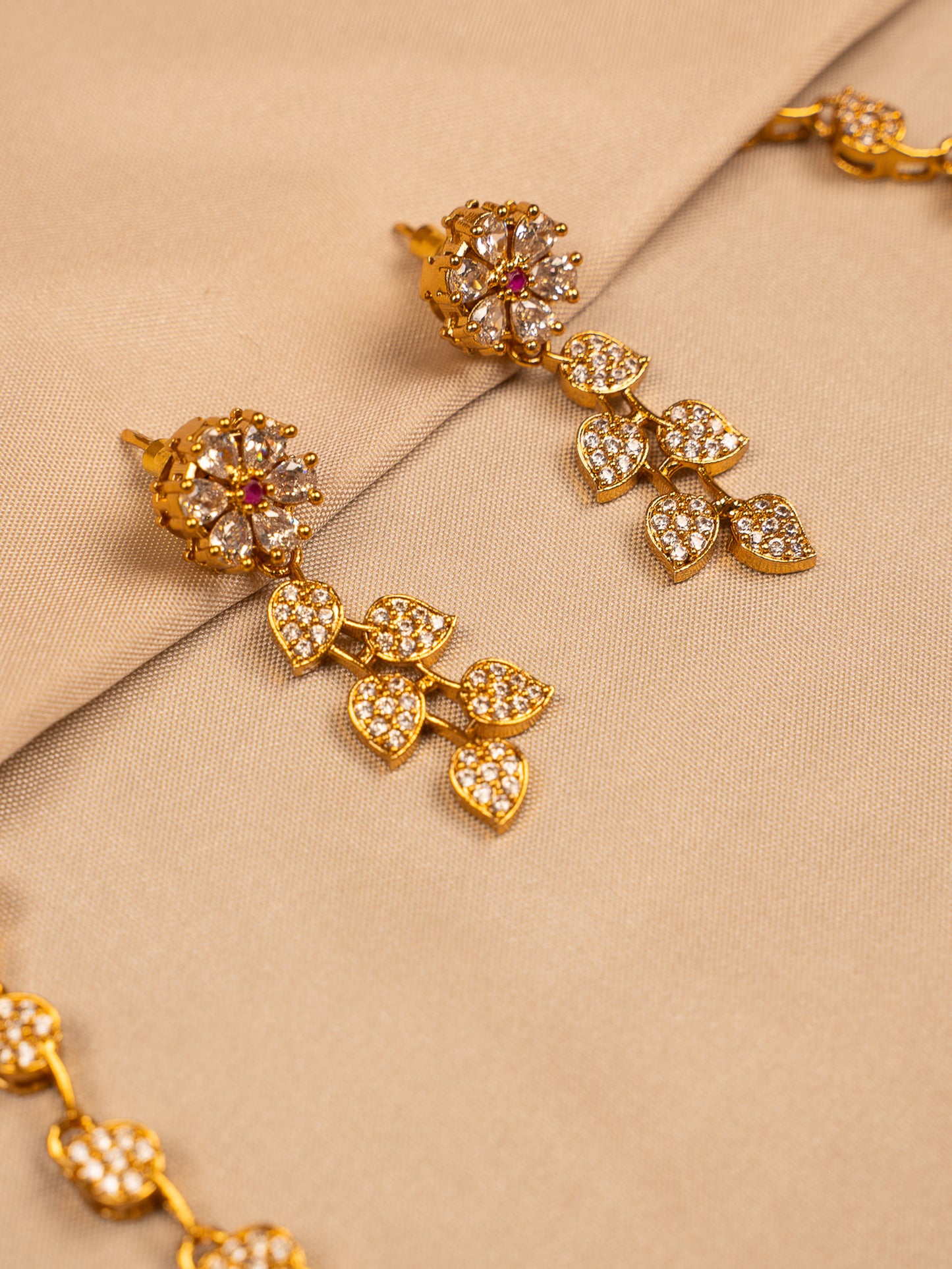 Floral Gold Necklace Set with Ruby Teardrop Pendant