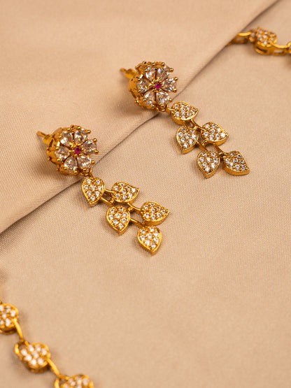 Floral Gold Necklace Set with Ruby Teardrop Pendant