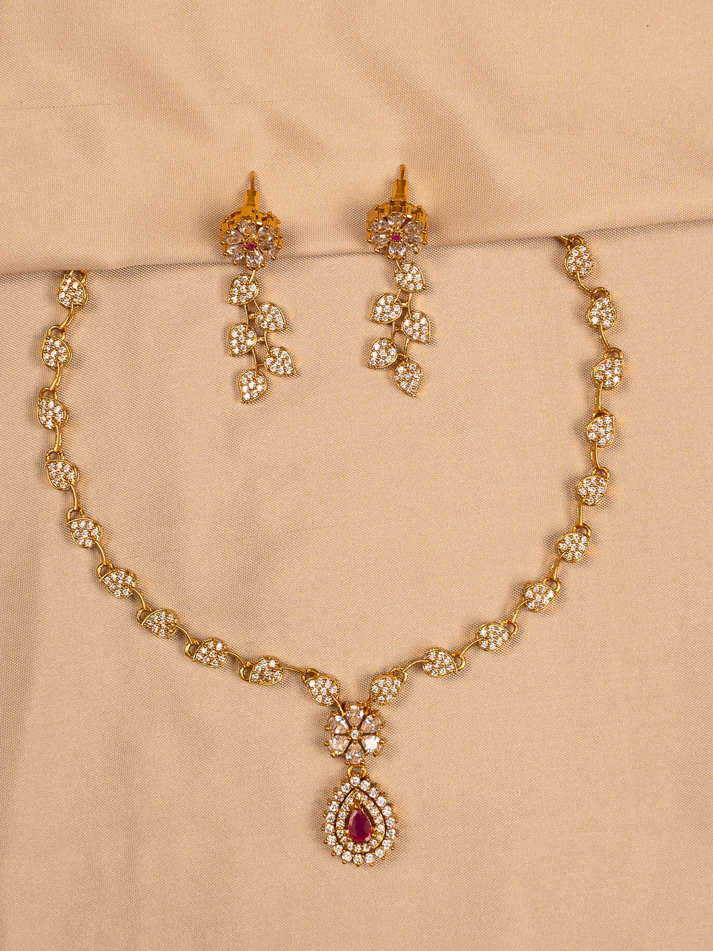 Floral Gold Necklace Set with Ruby Teardrop Pendant