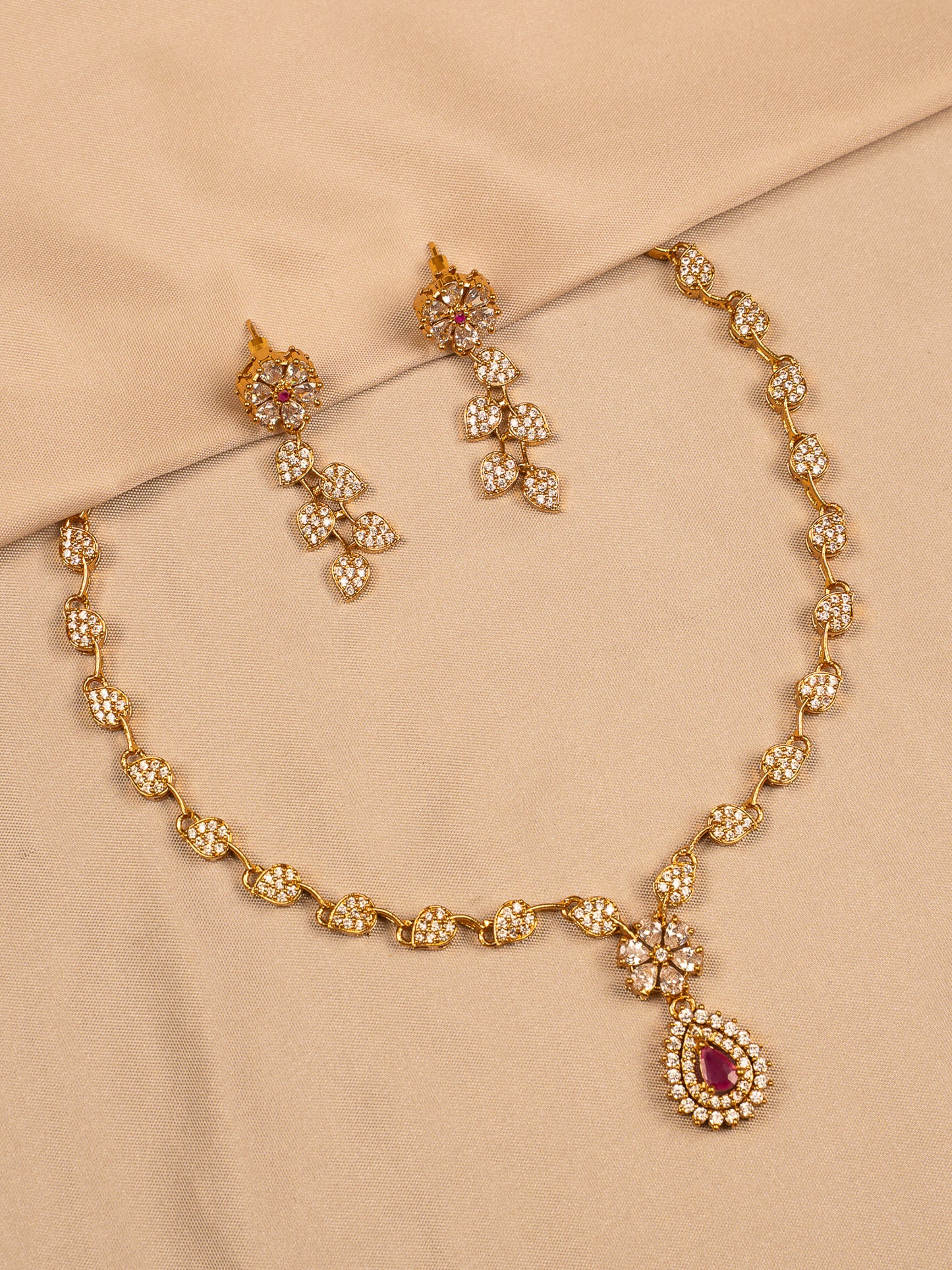 Floral Gold Necklace Set with Ruby Teardrop Pendant