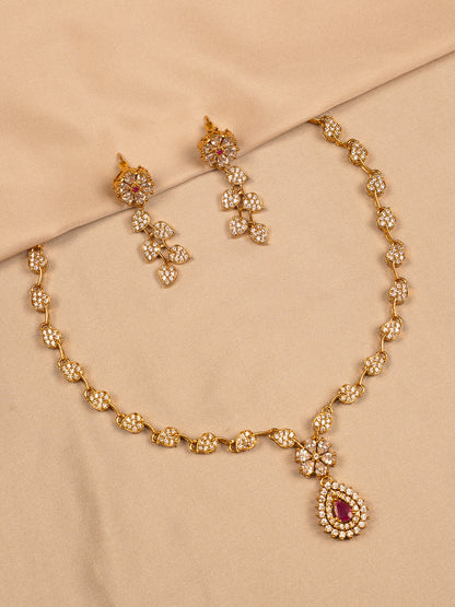 Floral Gold Necklace Set with Ruby Teardrop Pendant