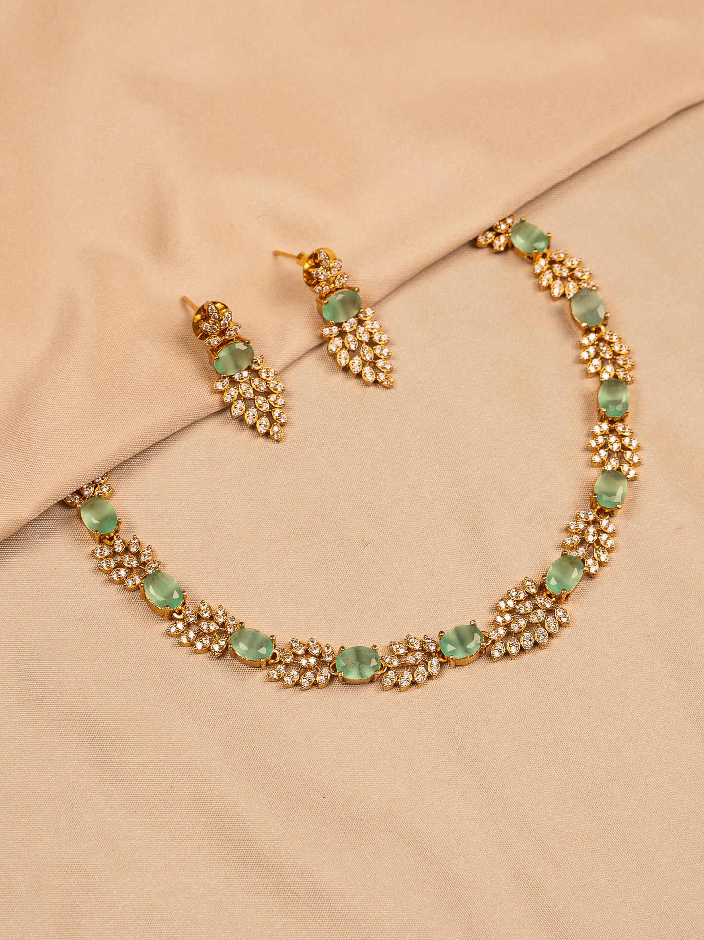 Mint Green Stone Necklace Set with Leaf Crystal Detailing