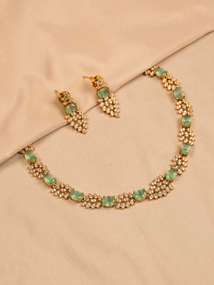 Mint Green Stone Necklace Set with Leaf Crystal Detailing