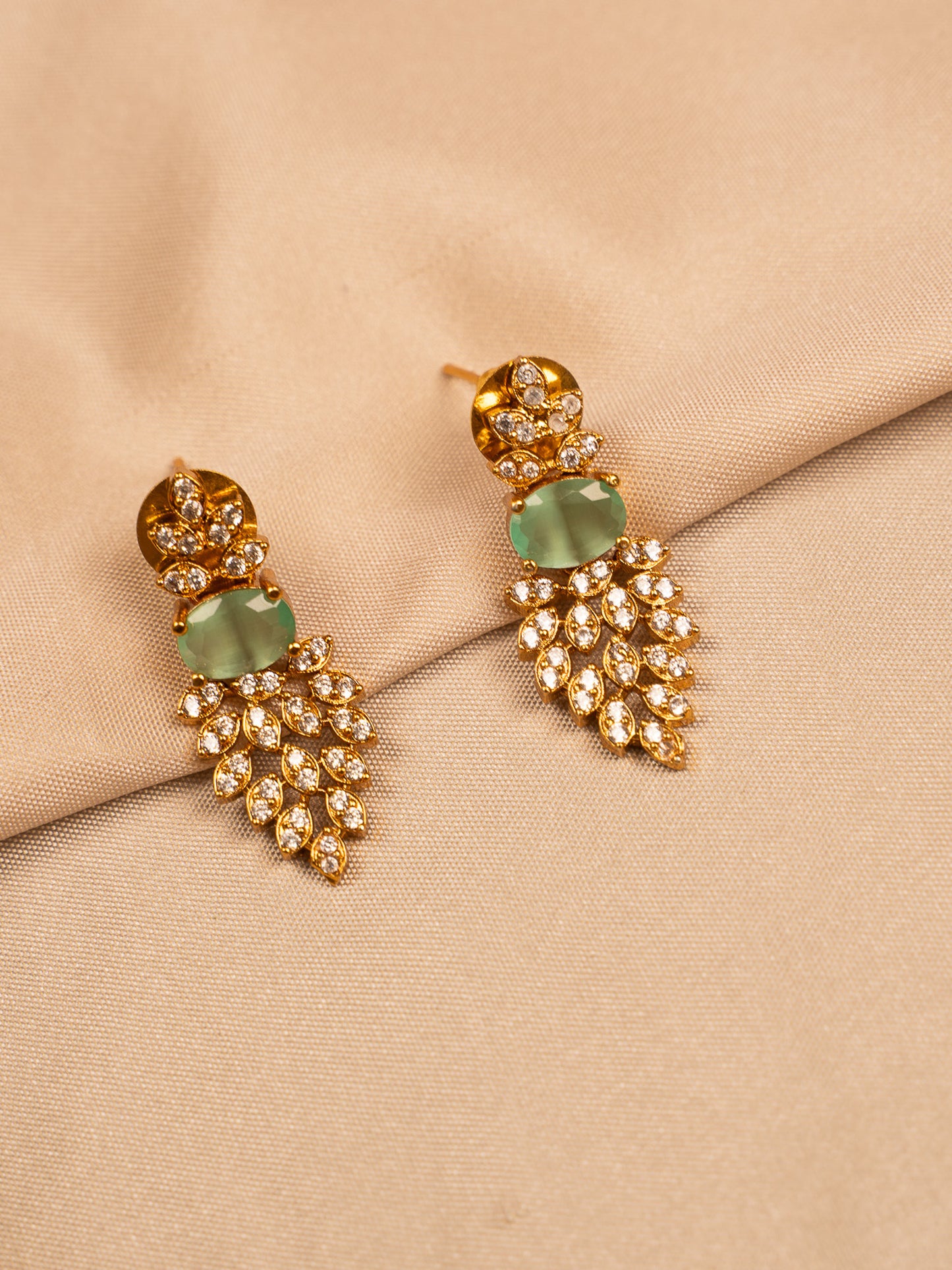 Mint Green Stone Necklace Set with Leaf Crystal Detailing
