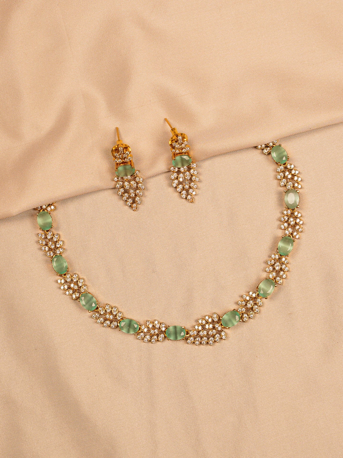 Mint Green Stone Necklace Set with Leaf Crystal Detailing