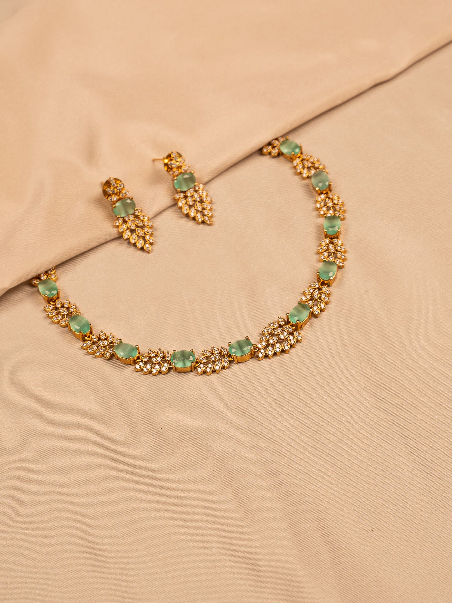 Mint Green Stone Necklace Set with Leaf Crystal Detailing