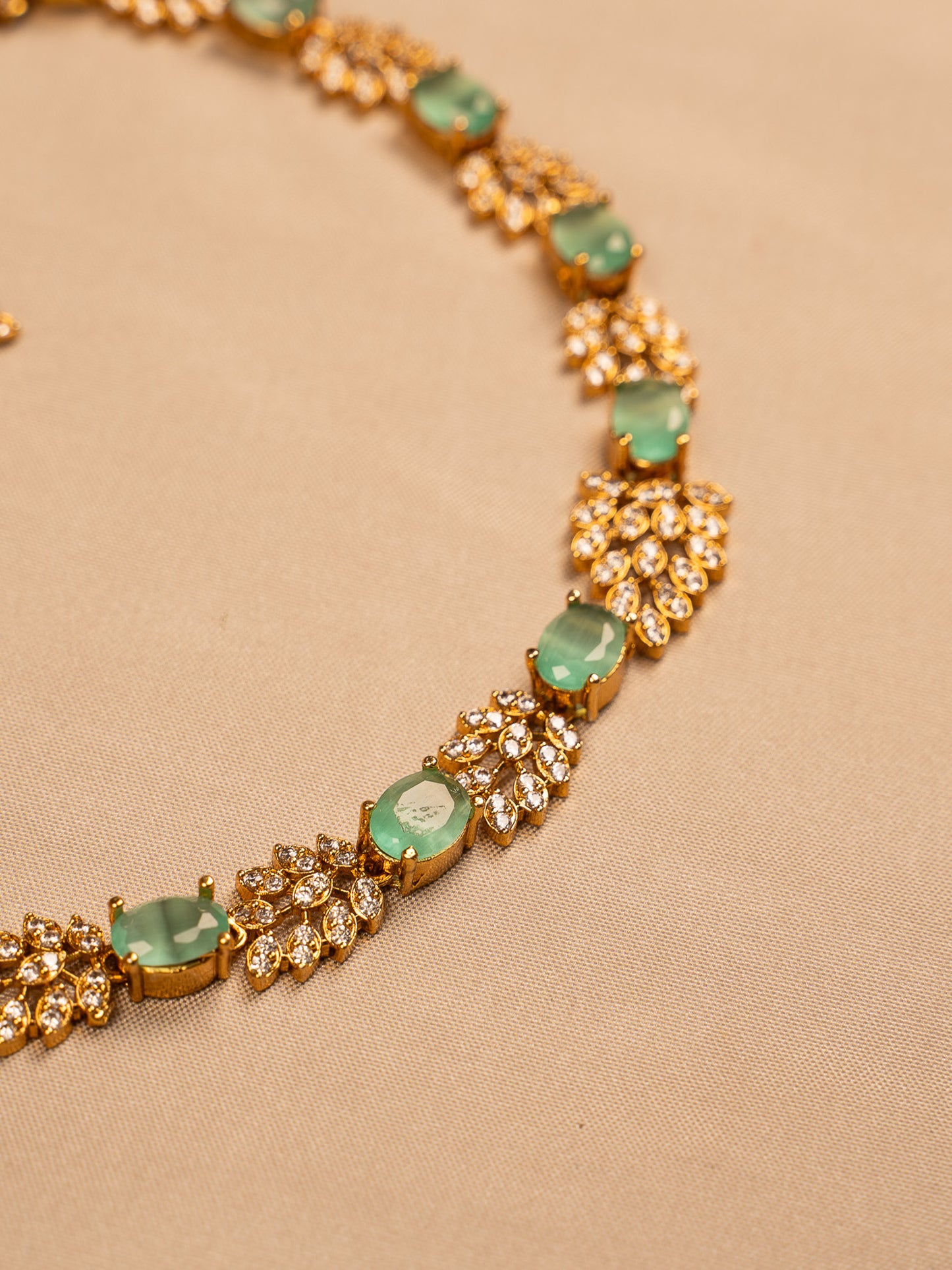 Mint Green Stone Necklace Set with Leaf Crystal Detailing